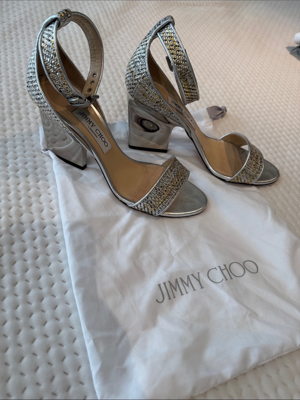 Jimmy Choo Silver & Gold Woven Strap Block Heel Sandals